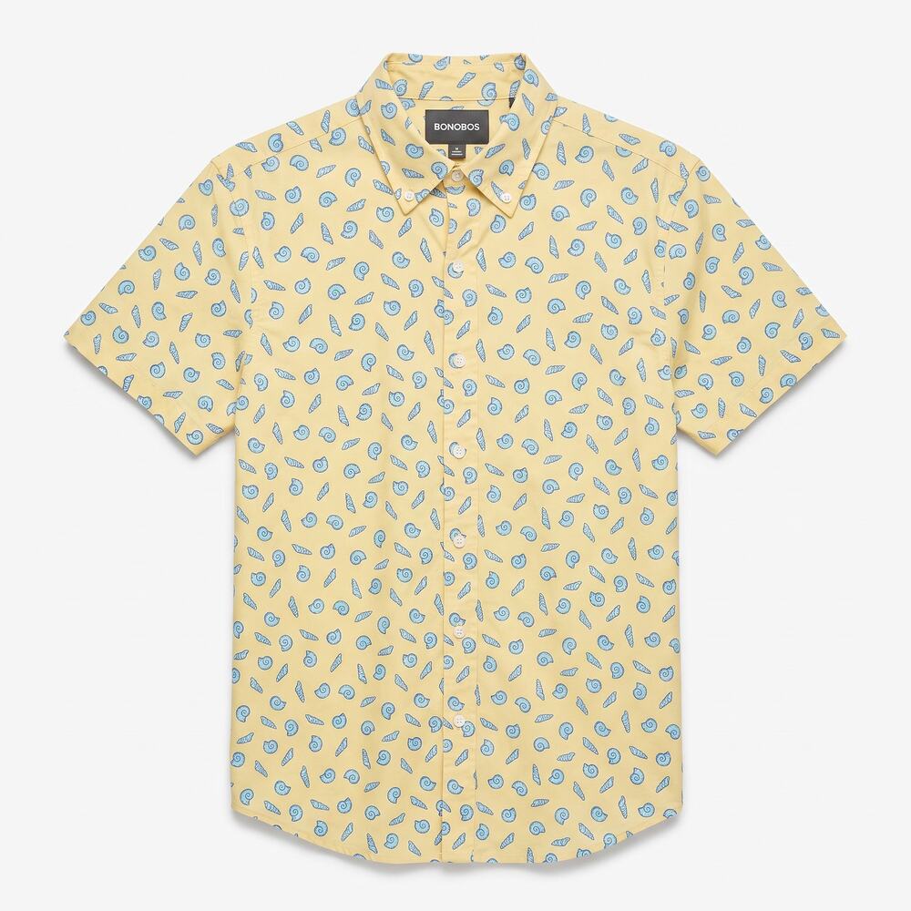 Bonobos Yellow Blue Seashell Print Men's Medium Slim Fit S/S Button-Up Shirt
